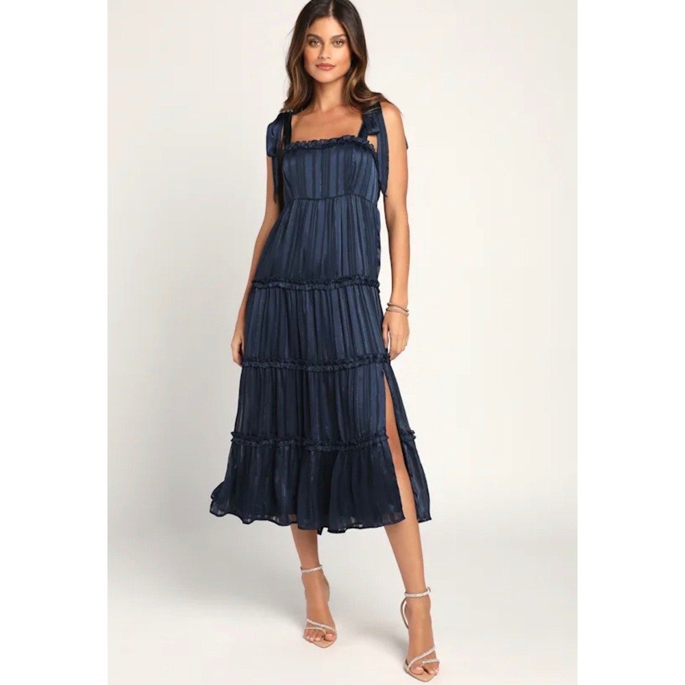 Lulus XL Day for Romance Navy Blue Tie Strap Tiered Midi Dress Bridesmaid - Picture 13 of 14